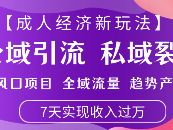 首发：【成人经济新玩法】市面独家玩法，风口项目、全域流量、趋势产品，7天实现月入过万
